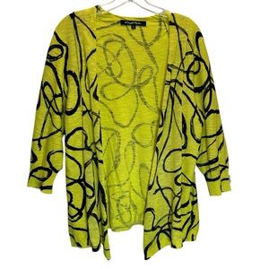 Cheryl Nash Yellow & Black Linen Blend Open Cardigan Sweater 3/4 Sleeves - Large